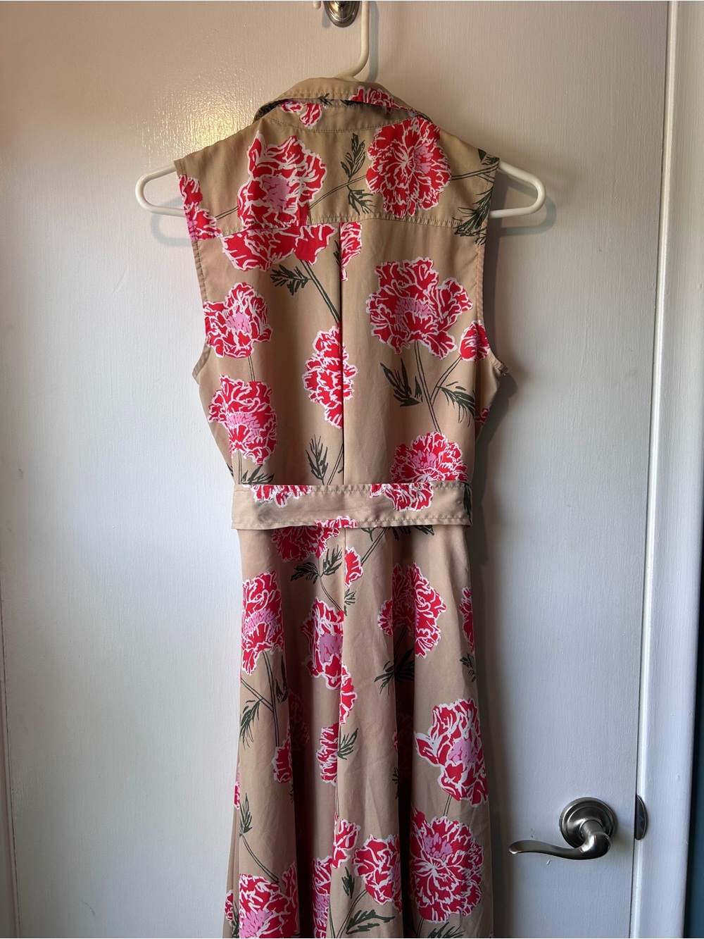 Banana Republic Beige Midi Shirt Dress with Pink Red Floral Print - Picture 4 of 5